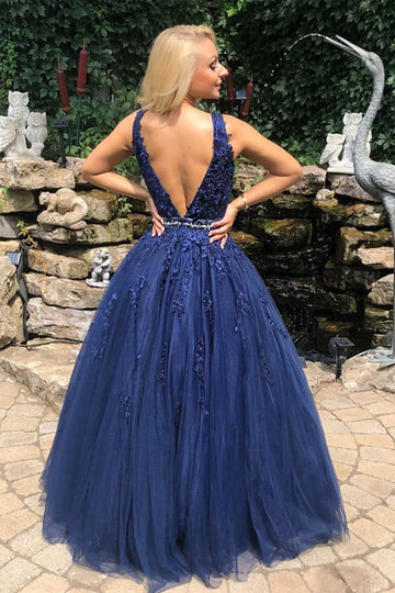 V Neck Open Back Blue Lace Long Prom Dresses Evening Dresses HZ1023